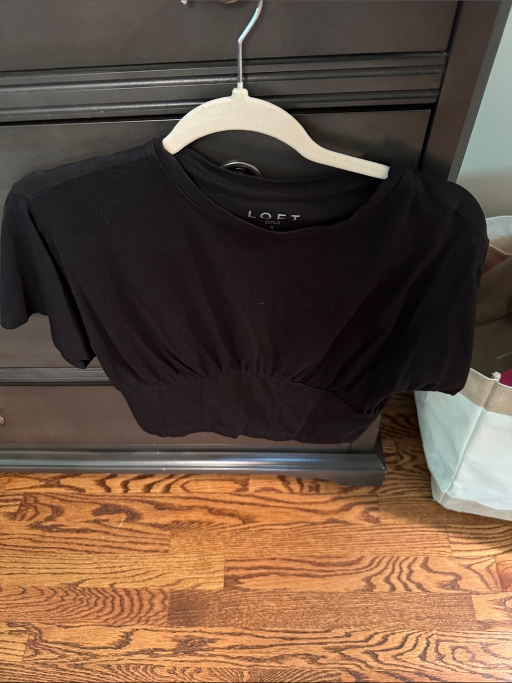 LOFT Black Cropped Tee with Elastic Gathered Waist